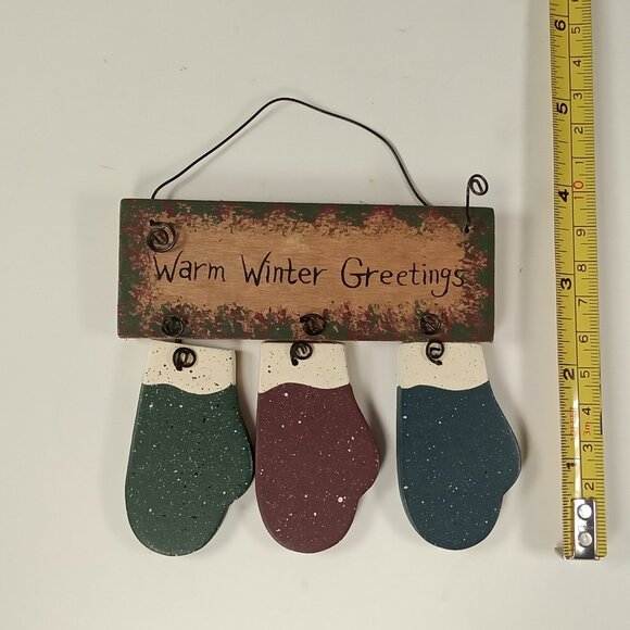 "Warm Winter Wishes" 3 Mittens Wire Hanger Wooden Painted Christmas Ornament - Picture 3 of 3